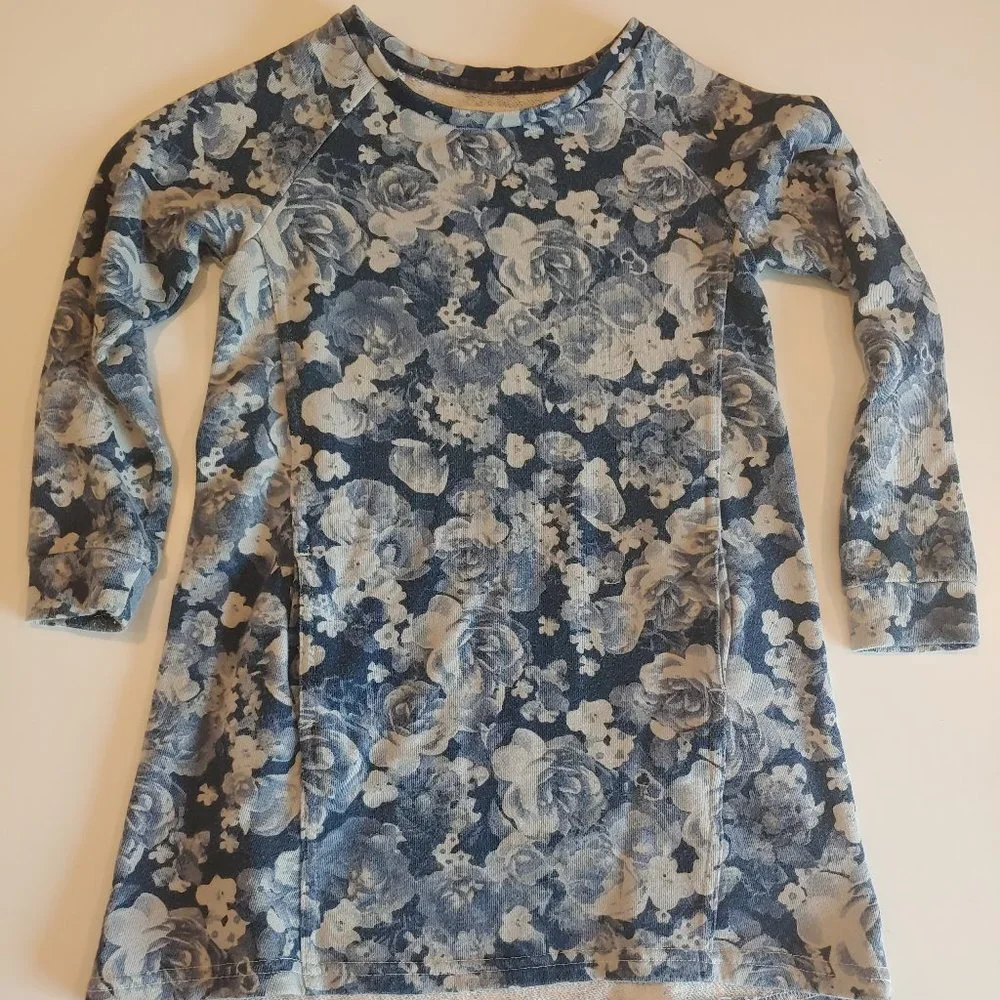 H & M | Blue Floral French Terry Sweatshirt Dress | 4-6yr. | Pockets Casual